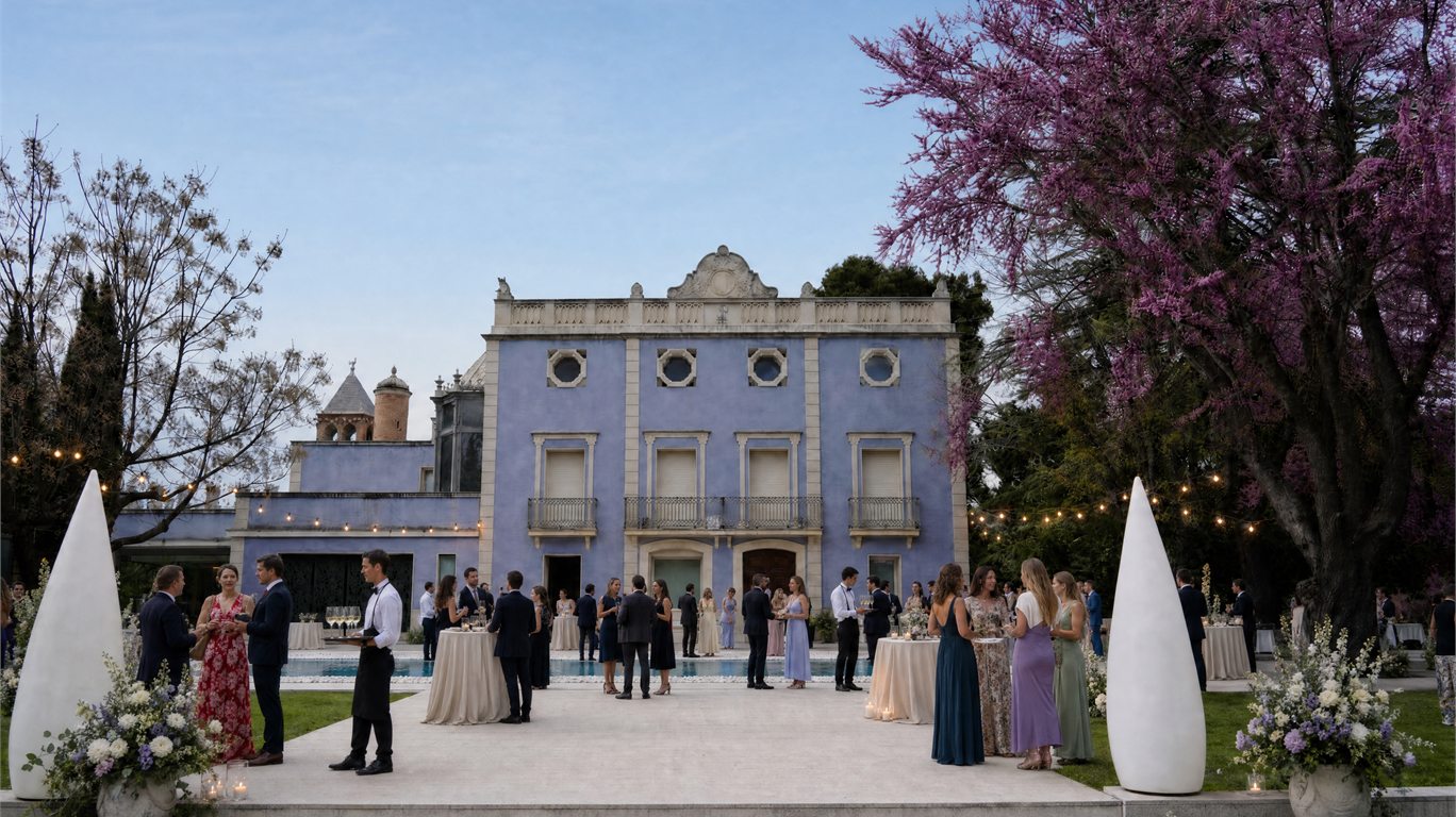 Exterior de Hotel Ferrero con invitados durante un cóctel al atardecer