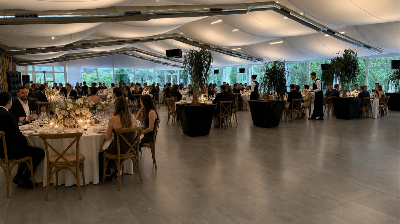 Salón de Hotel Ferrero preparado para un banquete de boda con mesas redondas y luz cálida